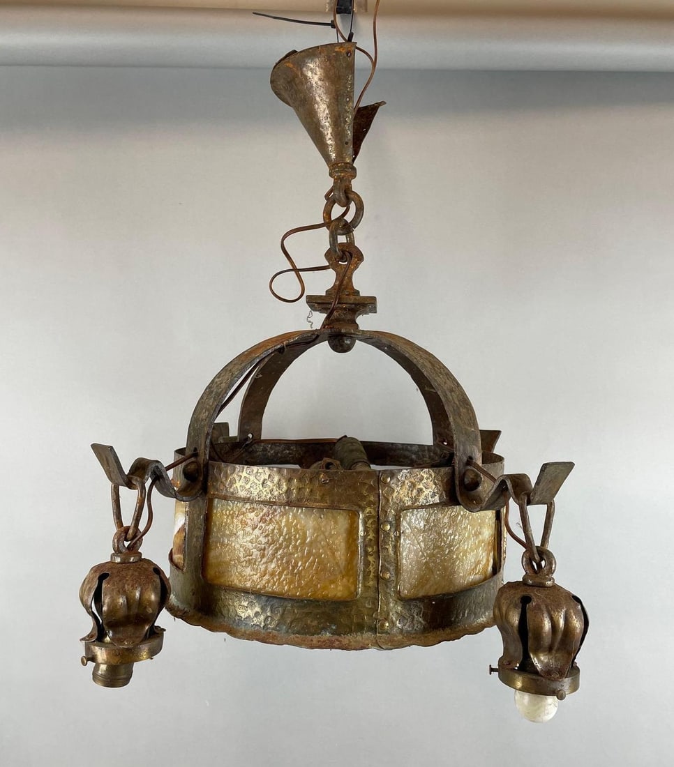 Antique Hammered Brass and Slag Glass Chandelier (1 of 5)