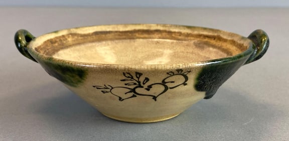 Green Drip Glaze Handled Pottery Bowl