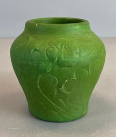 Arts and Crafts Floral Motif Matte Green Glaze Pottery Vase