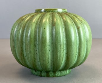 Matte Green Ribbed Pottery Ball Vase