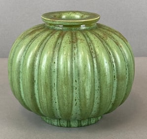 Scandinavian Matte Green Ribbed Pottery Ball Vase