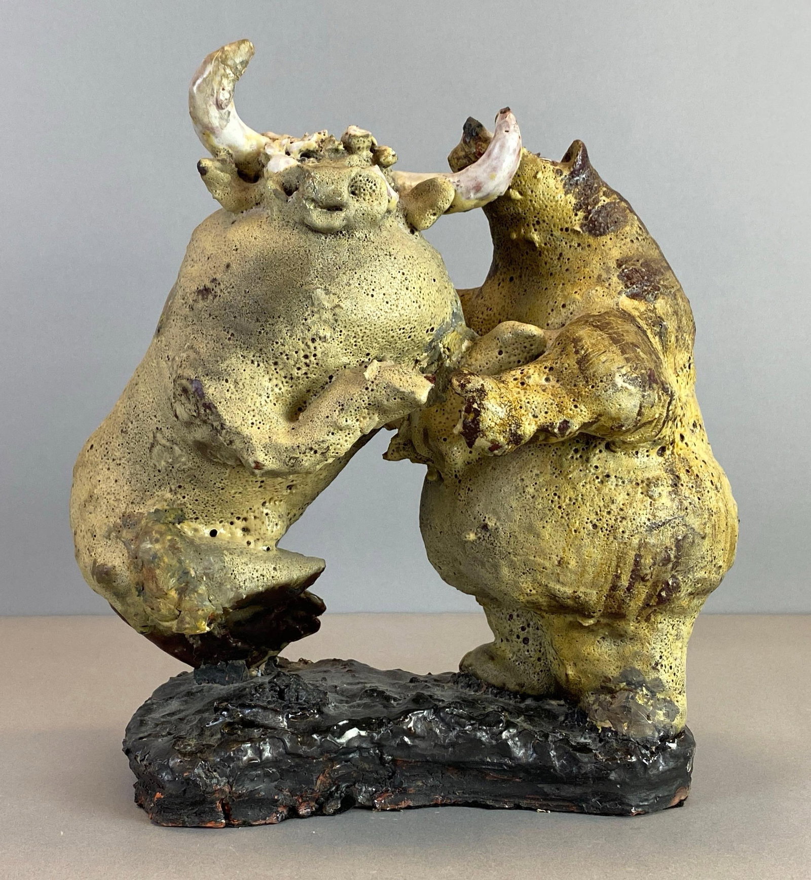Bull Bear Fight Art Pottery Statue: Measures 12 x 11 x 8 inches