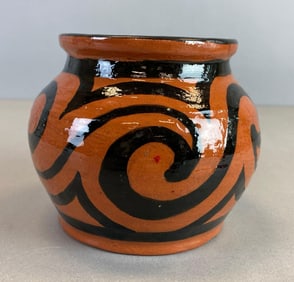 Signed Thelma Grasmyr Blue Black Pattern Glaze Pottery Vase