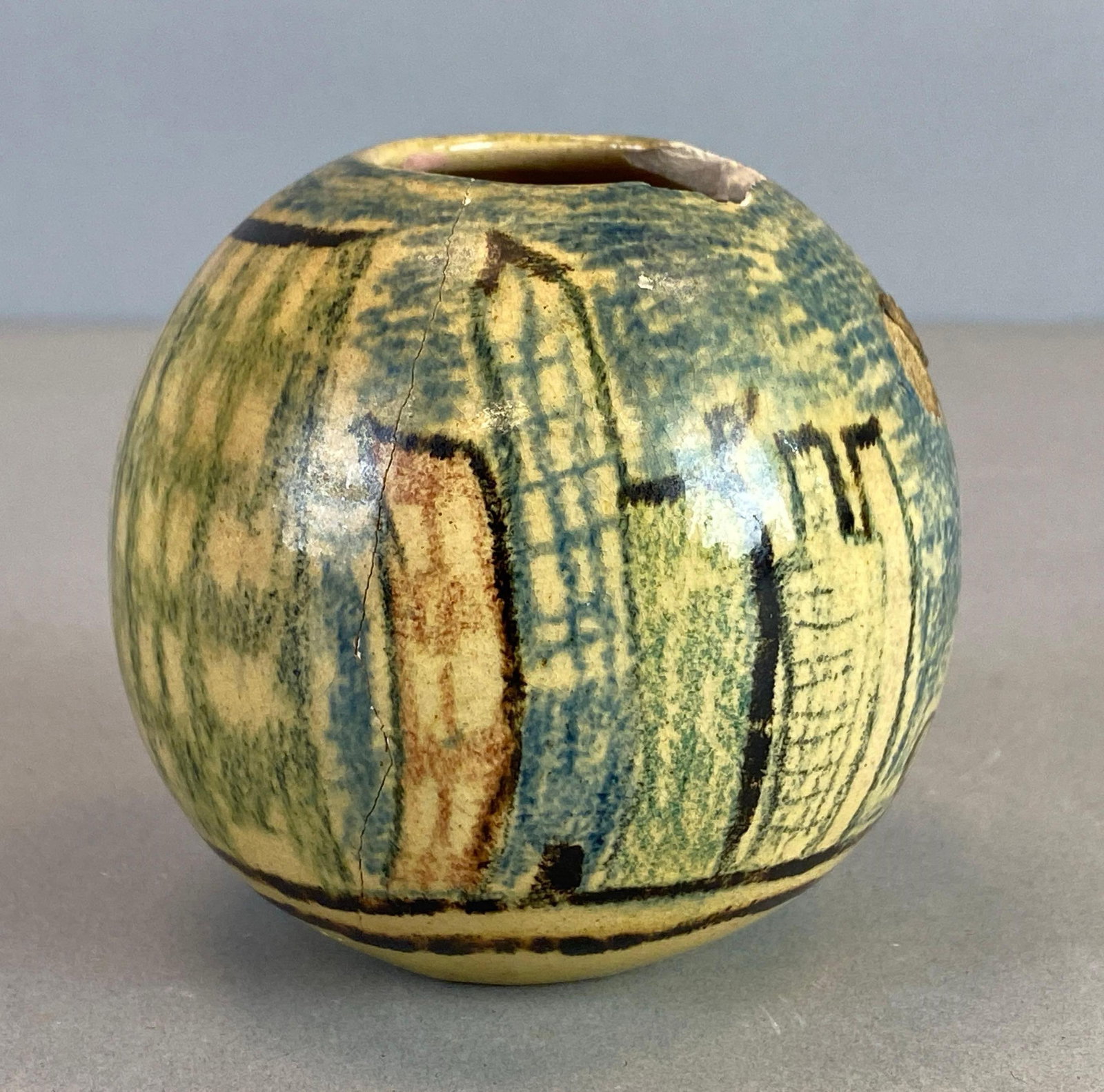 Signed Childrens Drawing Glazed Pottery Bowl: Signed HLF or MLF on base, cracks throughout, large chip on rim, measures 3 x 3 1/4 incbes