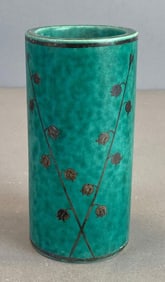Gustavaberg Argenta Floral Silver Overlay Turquoise Glaze Pottery Vase