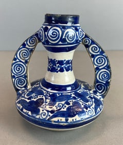 Vintage Blue and White Handled Stoneware Vase