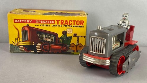 Vintage TN Japanese Marvelous Mike Style Battery Operated Tractor Tin Litho Toy