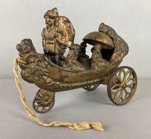 1893/94 Chicagos Worlds Fair Landing of Columbus Fair Cast Iron Pull Along Bell Toy