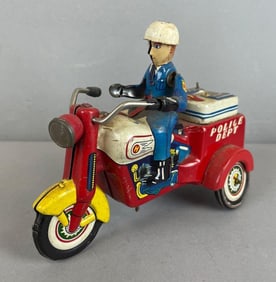 Vintage Japanese KO Tin Litho Wind-Up Police Motorcycle