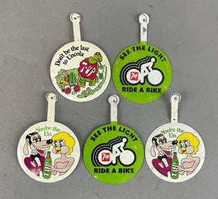 Group of Vintage Metal 7 Up Advertising Tab Buttons
