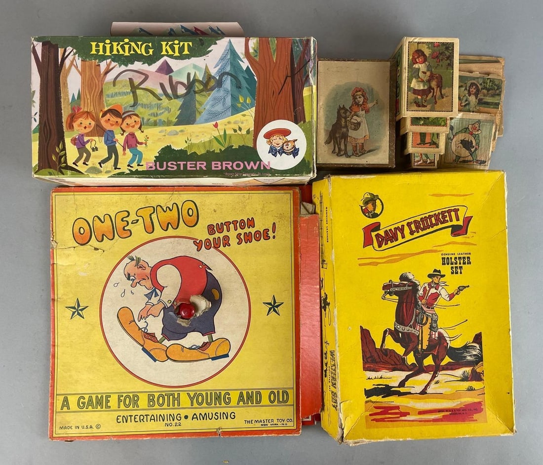 Group of Empty Vintage Toy Boxes: Includes buster brown, western boy holster set, building blocks, and more. Largest measures 11 1/2 x 11 1/2 inches