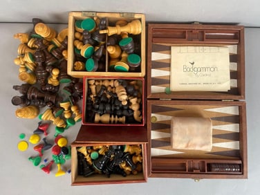 Group of Wood Chess Pieces and More