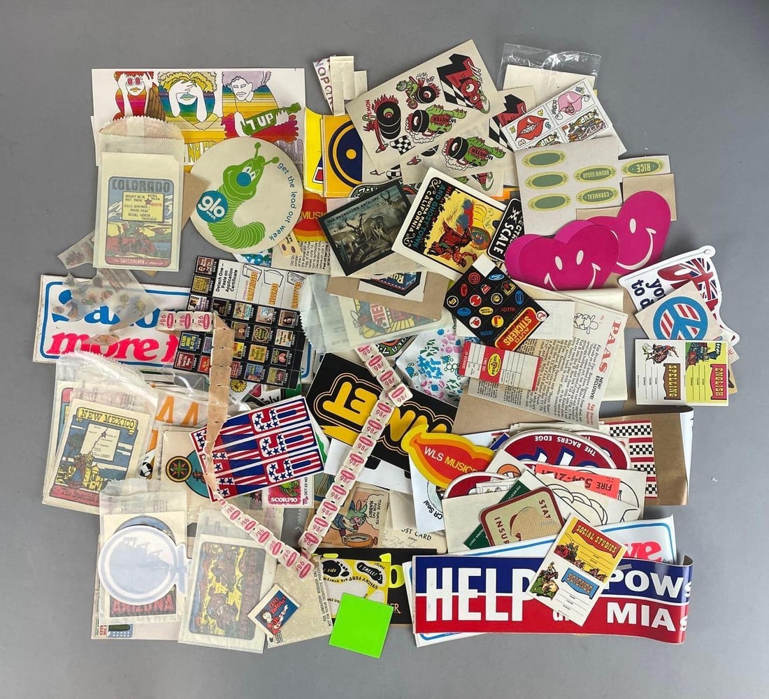 Group of Assorted Vintage Stickers: Includes advertising, state stickers, and more. Largest measures 3 x 12 inches