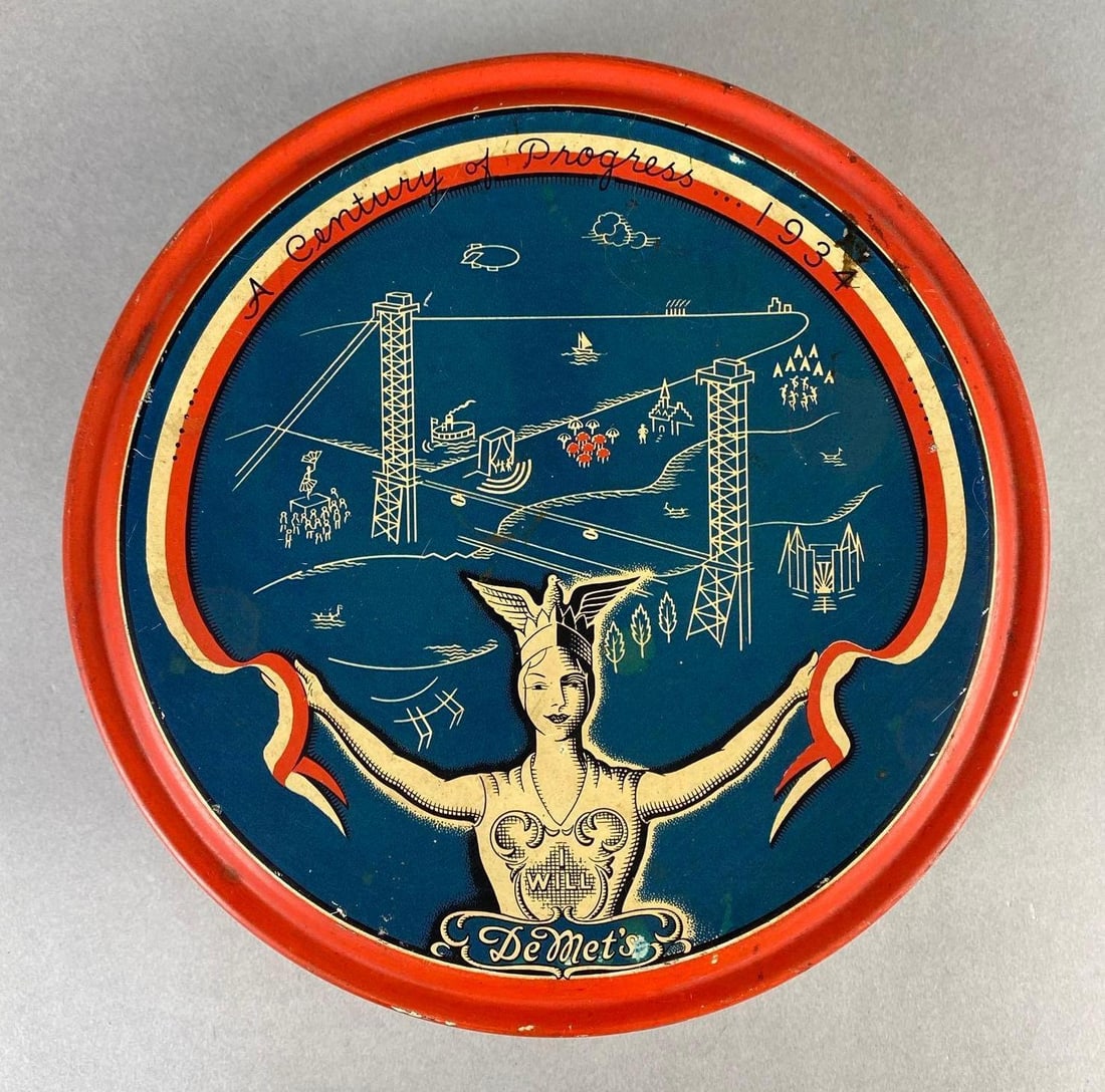 1934 Chicago Worlds Fair DeMets Candy Advertising Tin: A Century of Progress, Measures 8 x 8 x 2 3/4 inches.