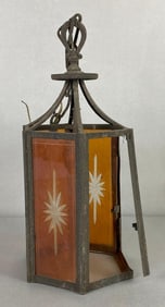 Cast Metal Hanging Light Fixture with Orange Etched Glass Panels