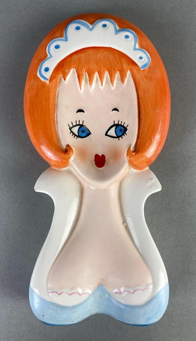 Starry Eyed Red-Head Porcelain Spoon Rest: Small chip on both collar tips, Measures 8 1/4 x 4 x 1 inches.