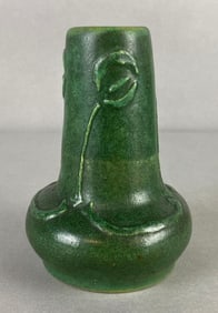 Artist Signed Green Glazed Pottery Vase with Floral Motif