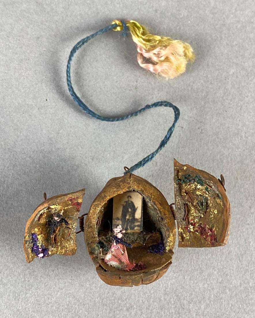 Antique Miniature Walnut Diorama: Measures 1 1/2 x 1 x 1 inches closed.