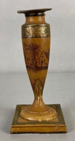 Antique Yellow Hand-Painted Homestead Toleware Metal Candlestick
