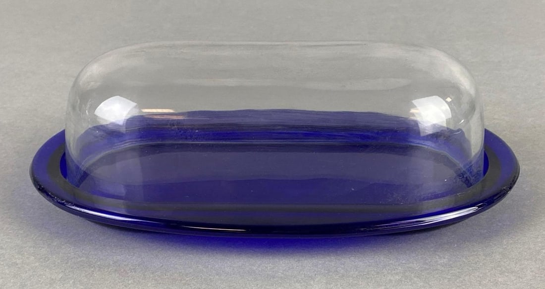 MCM Cobalt Blue and Clear Glass Covered Butter Dish (1 of 5)