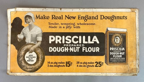 Antique Priscilla Dough-Nut Flour Cardboard Advertising Sign