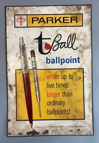 Vintage Parker T Ball Ballpoint Pen Metal Advertising Sign
