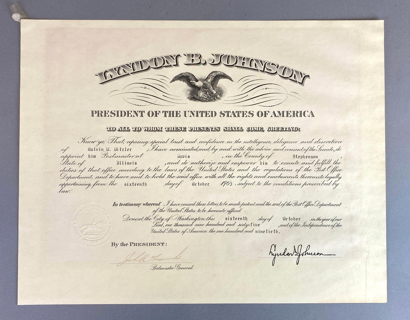1965 Lydian B Johnson POTUS Postmaster Affirmation Document: Features assignment of postmaster position of office for the United States postal service, Measures 18 x 14 inches