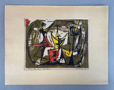 1953 Signed Seong Moy The Dancing Queen Color Woodcut on Paper: Limited edition of 100, print measures 9 x 12 inches, mat measures 11 1/4 x 14 3/4 inches
