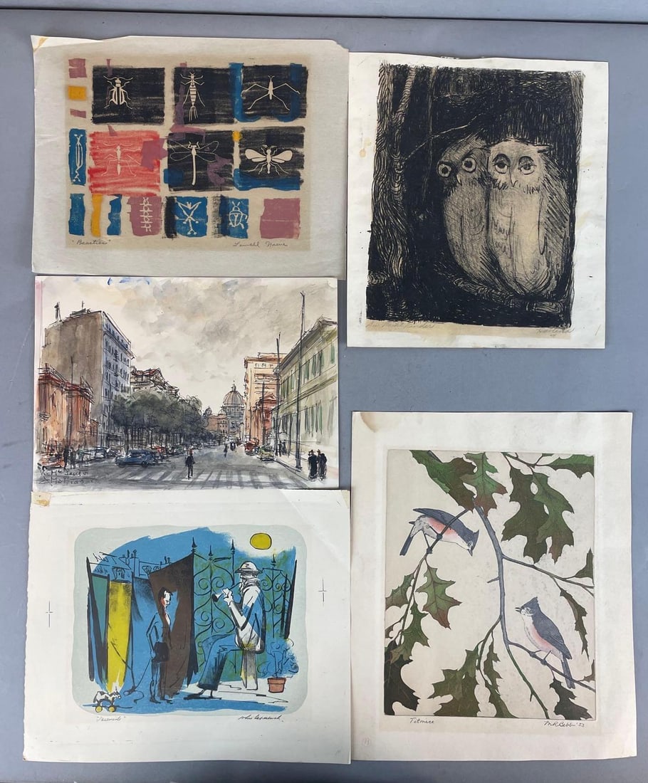 Group of Assorted Signed Art Pieces: Includes 1948 owl wood block, multimedia serenade, multimedia street scene, and more. Largest measures 13 x 10 3/4 inches