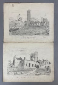 Group of 2 Antique Irish Buildings Graphite Drawings on Paper