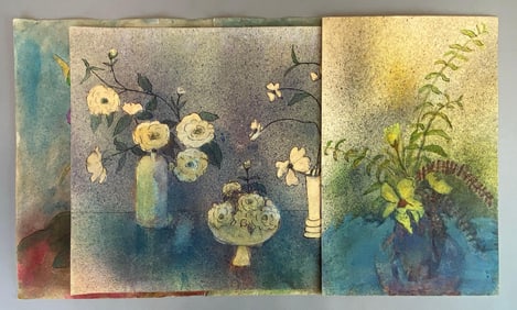 Group of 3 Floral Mixed Media Paintings on Paper