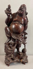Japanese Carved Rosewood Laughing Buddha with Children Statue