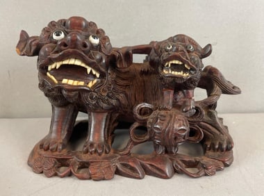 Chinese Carved Wood Foo Dogs Statue