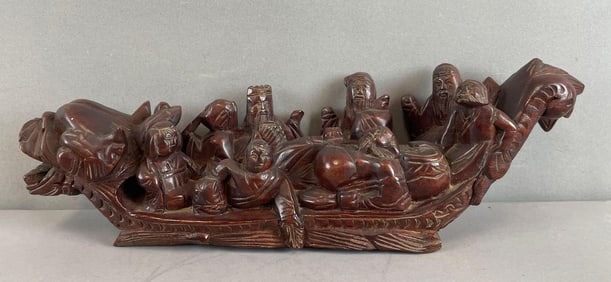 Chinese Carved Wood Eight Immortals Dragon Boat Statue