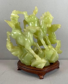 Chinese Carved Jade Wild Horses Statue with Wood Base