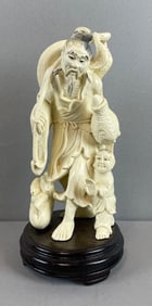 Chinese Fisherman with Child Statue on Wood Base
