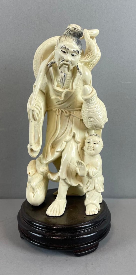 Chinese Fisherman with Child Statue on Wood Base: Measures 7 1/2 inches