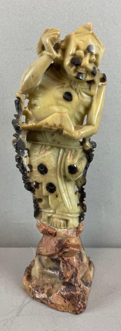 Chinese Carved Stone Immortal Figure Statue: Figure mounted to stone base. Measures 7 1/4 inches