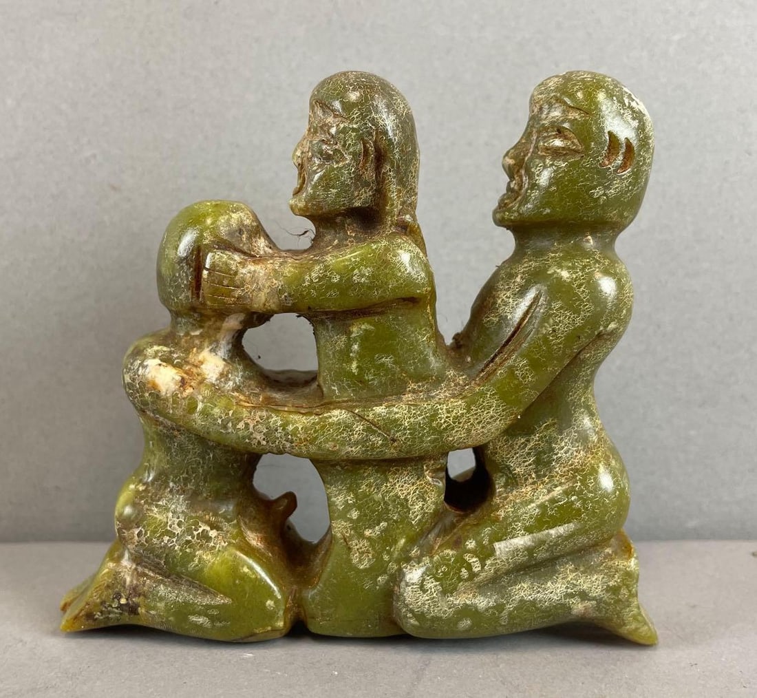 Chinese Carved Jade 3 Figure Erotic Statue: Measures 3 1/2 inches tall
