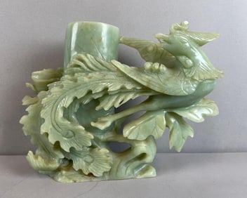 Chinese Carved Jade Phoenix Bird Candlestick