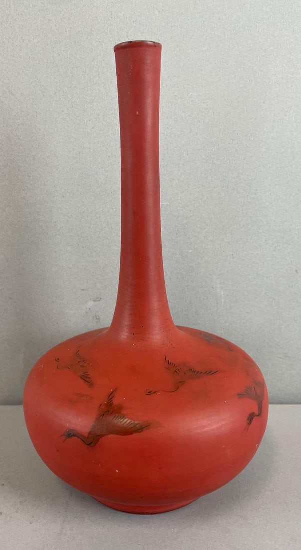 Chinese Porcelain Bud Vase with Hand-Painted Cranes: Matte finish, measures 8 x 5 inches