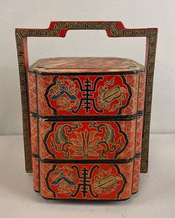 Chinese Lacquered Wood Ornate Stacking Box: Some small chips, measures 9 1/2 x 7 1/2 x 6 inches