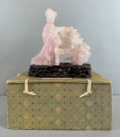 Chinese Rose Quartz Woman and Chair Statue