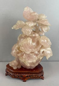 Chinese Carved Rose Quartz Bird and Floral Motif Lidded Jar