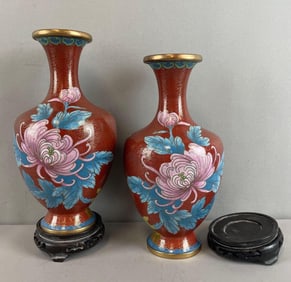 Set of 2 Chinese Cloisonné Floral Vases with Wood Stands