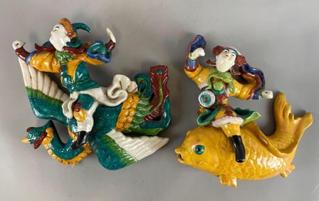 Group of 2 Chinese Ceramic Roof Tile Warrior Figures