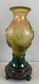 Chinese High Relief Glass Figural Vase with Gold Flecks