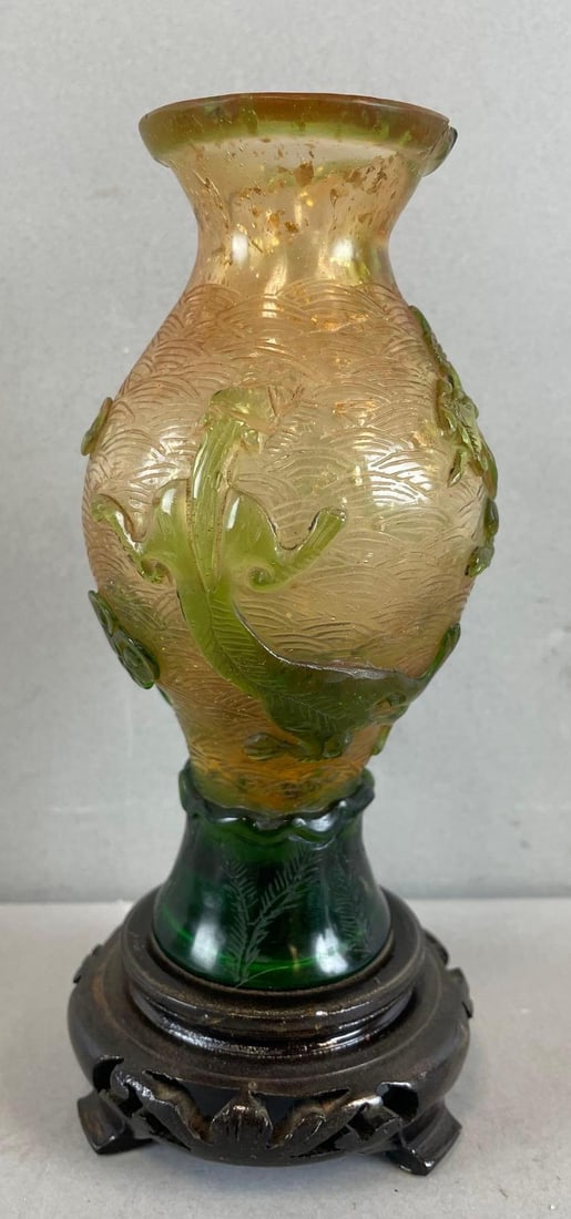 Chinese High Relief Glass Figural Vase with Gold Flecks (1 of 5)