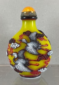 Chinese High Relief Glass Snuff Bottle with Crane Motif
