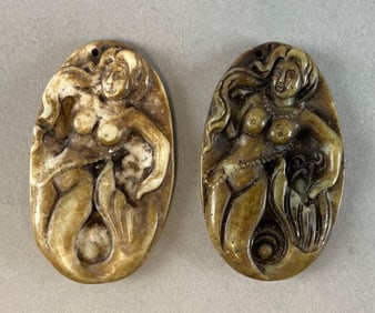Group of 2 Chinese Carved Stone Mermaid Pendants
